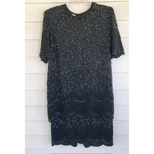 BRILLIANTE BY J.A. NEW Black 100%Silk Beaded Cocktail Formal Midi Dress Small